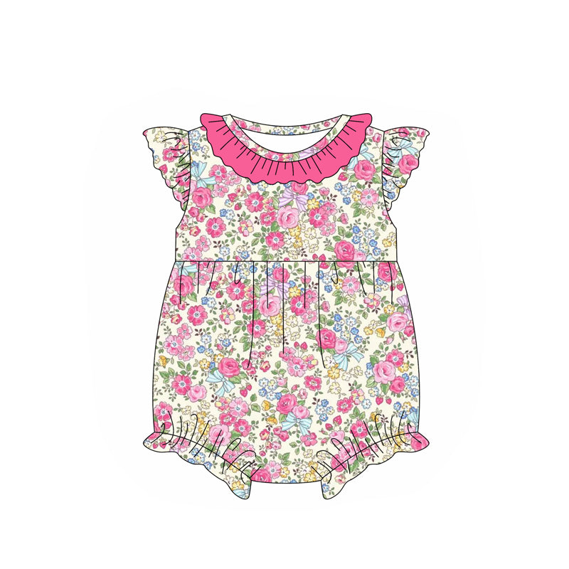 Preorder Baby Girl Short Sleeves Floral Bows Bubble Romper