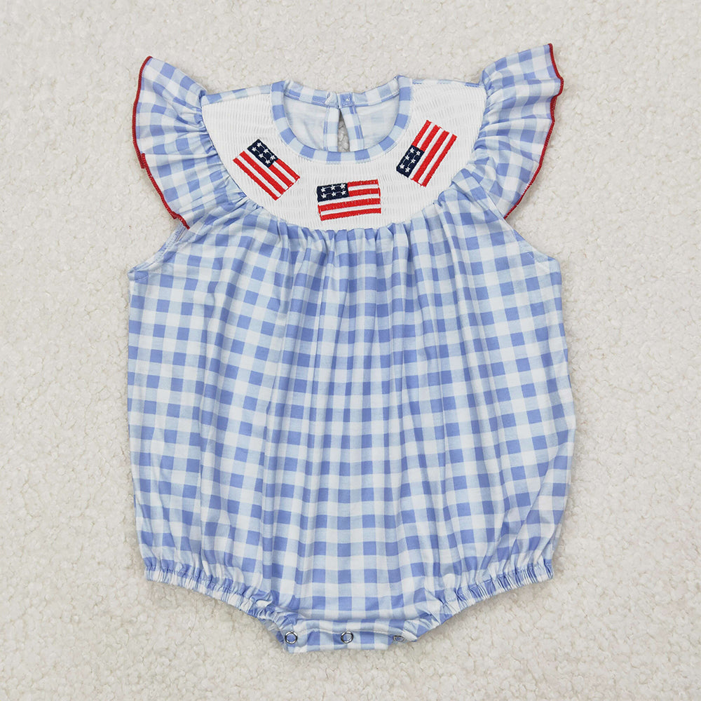 Baby Girl Embroidery Flags 4th Of July Blue Checked Sibling Smocked Romper Dress RTS