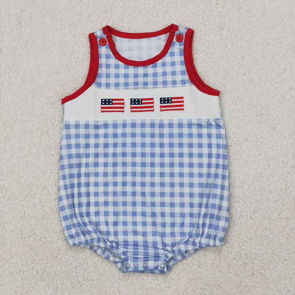 Baby Boy Girl 4th Of July Embroidery Flags Sibling Smocked Romper Dress RTS