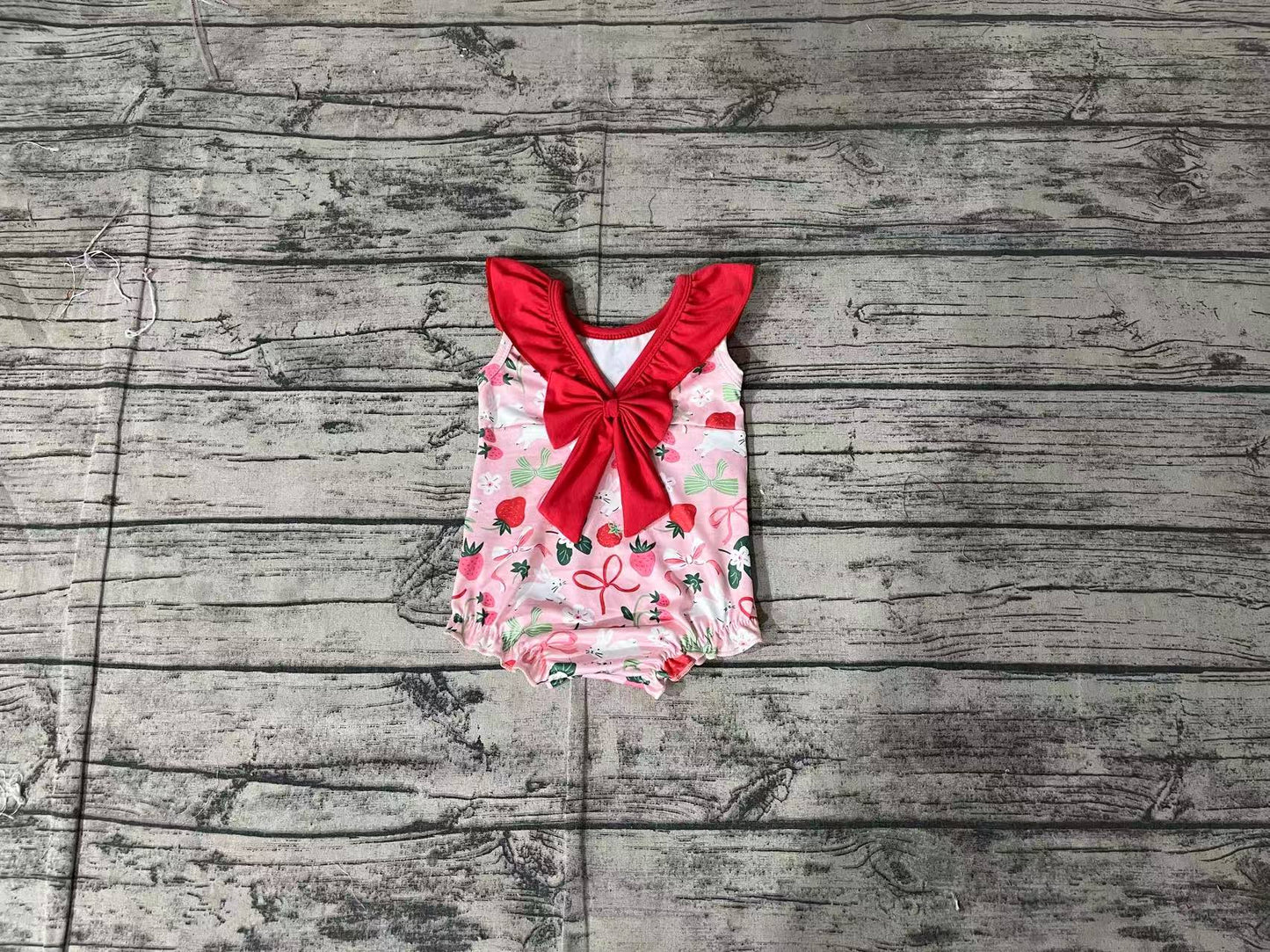 Baby Girl Infant Sleeveless Strawberry Bows Bubble Romper RTS