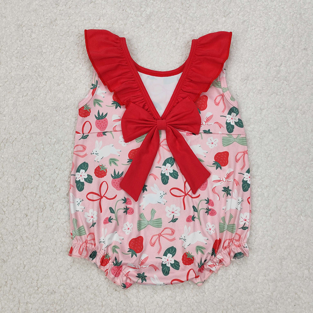 Baby Girl Easter Strawberry Flower Red Bows Sibling Romper Set RTS