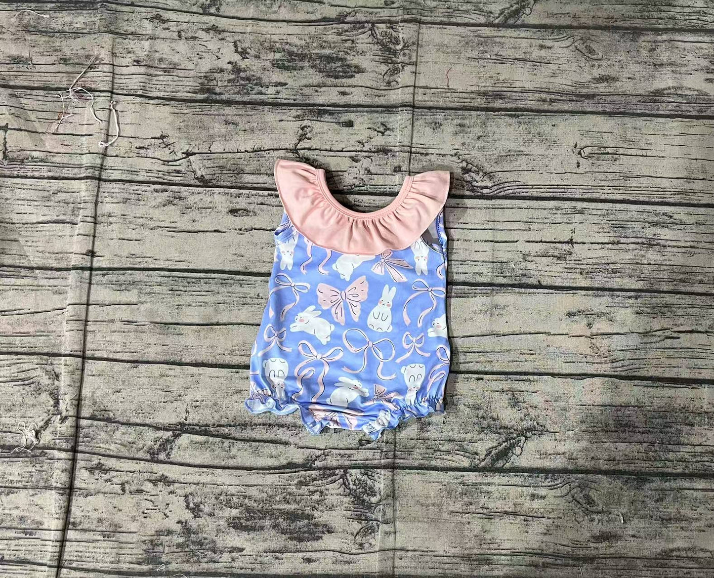 Baby Girl Infant Sleeveless Easter Rabbits Bows Ruffle Bubble Romper RTS