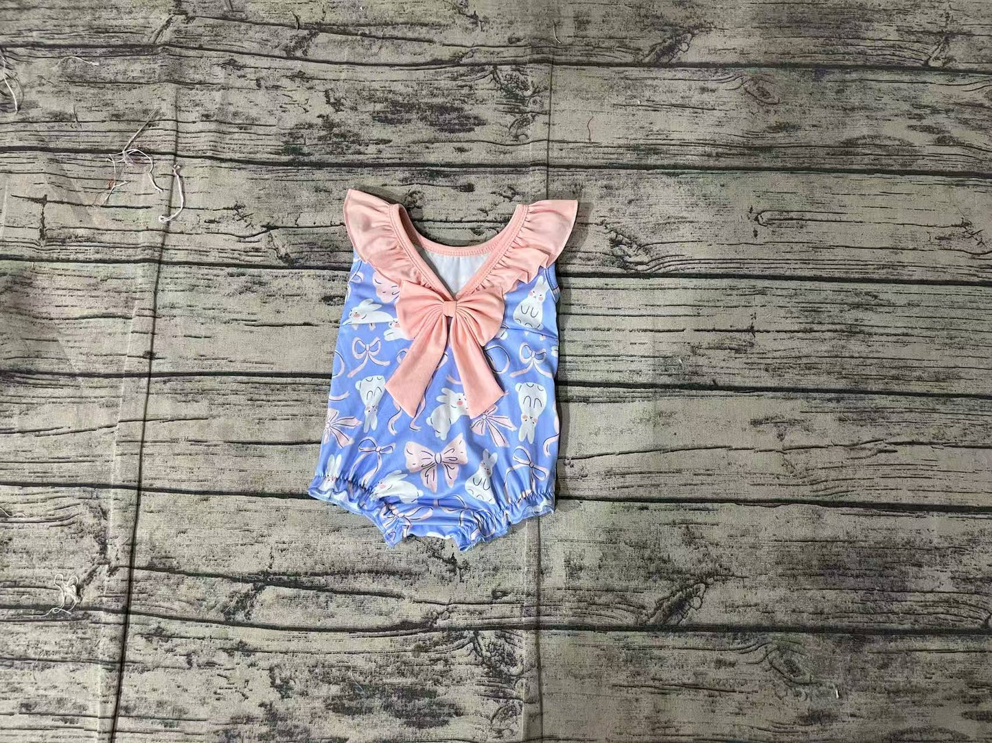 Baby Girl Infant Sleeveless Easter Rabbits Bows Ruffle Bubble Romper RTS
