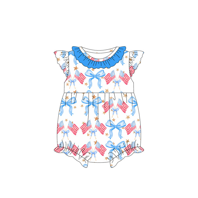 Preorder Baby Girl Infant Short Sleeves July 4th Bows Flags Bubble Romper