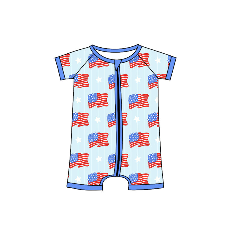 Preorder Baby Boy Infant Short Sleeves July 4th Flags Zipper Blue Romper