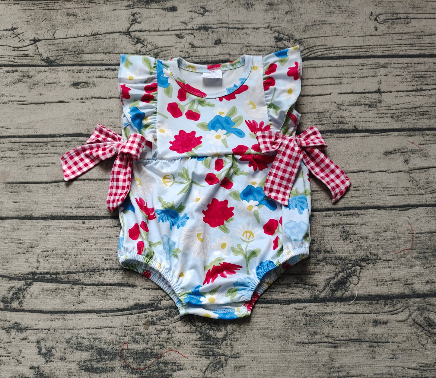 Baby Girl Infant Short Sleeves July 4th Flower Bows Bubble Romper RTS