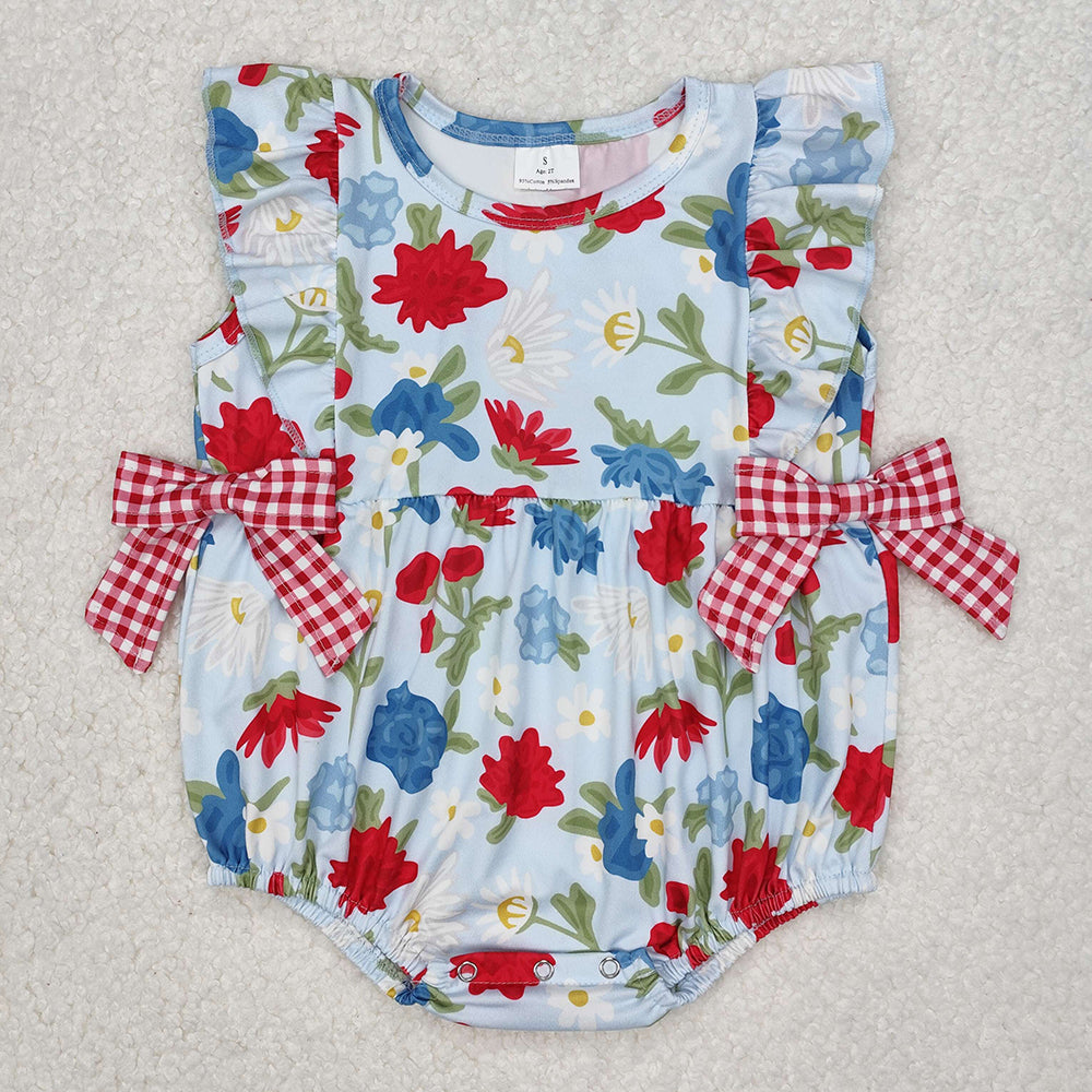Baby Girl Short Sleeves 4th Of July Flower Bows Sibling Romper Outfit RTS