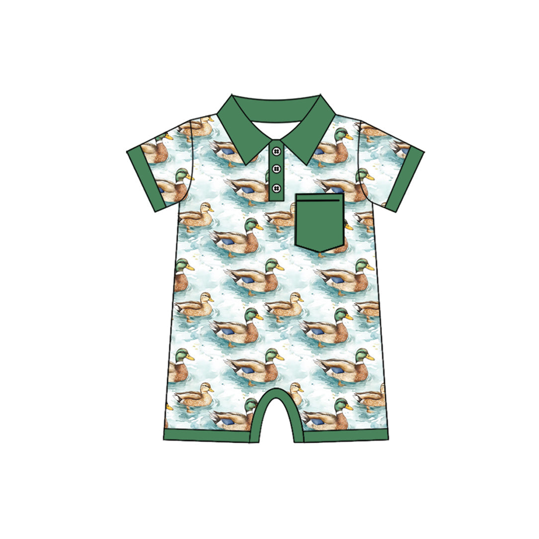 Preorder Baby Boy Infant Short Sleeves Ducks Hunting Green Pocket Romper