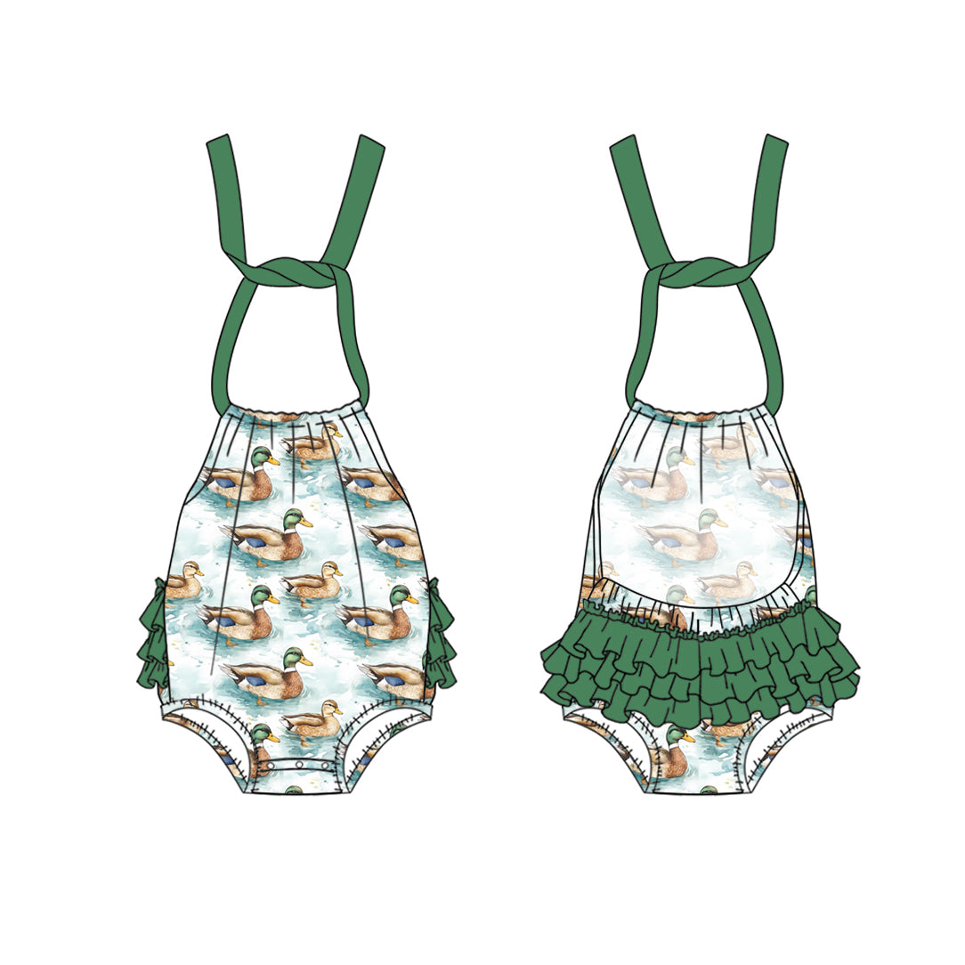 Preorder Baby Girl Infant Halter Ducks Green Ruffle Hunting Bubble Romper