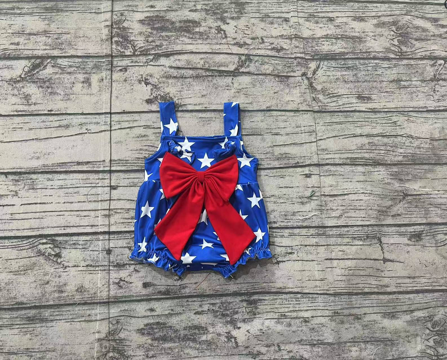 Baby Girl Infant Sleeveless 4th Of July Stars Red Bow Bubble Romper RTS