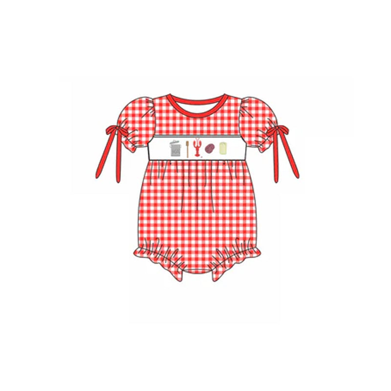 Preorder Baby Girl Infant Short Sleeves Red Checkered Crawfish Bubble Romper