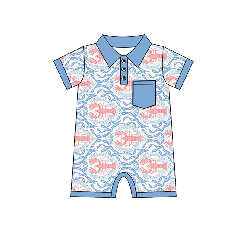 Preorder Baby Boy Infant Short Sleeves Crawfish Pocket Romper