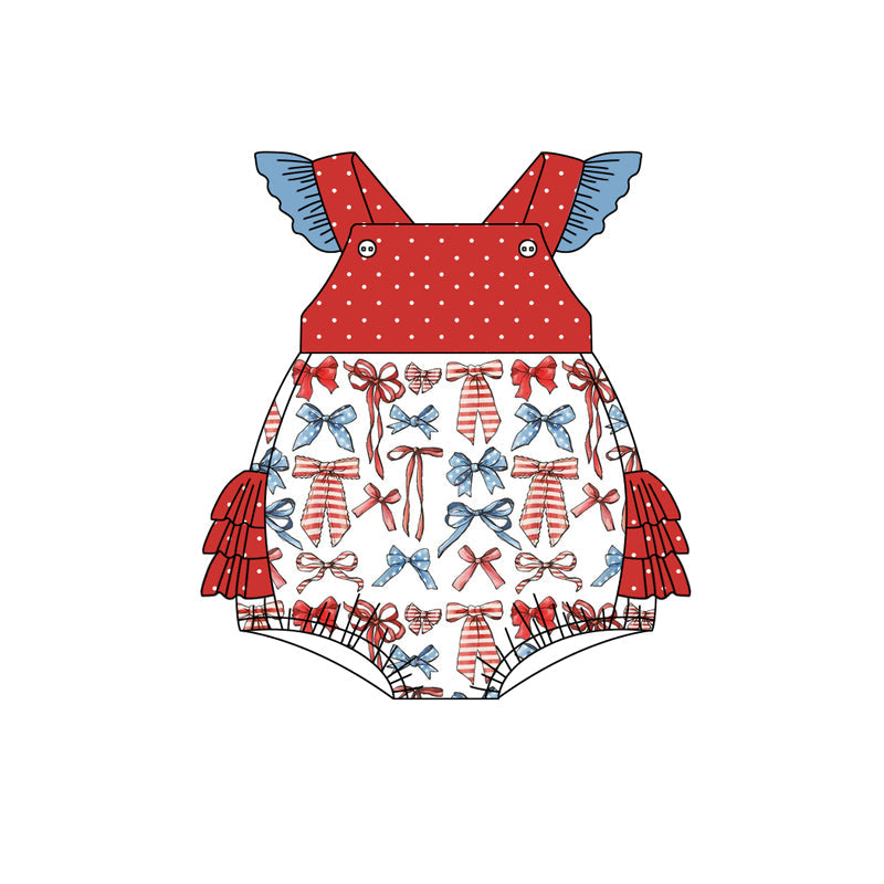 Preorder Baby Girl Infant Short Sleeves 4th Of July Bows Bubble Ruffle Romper