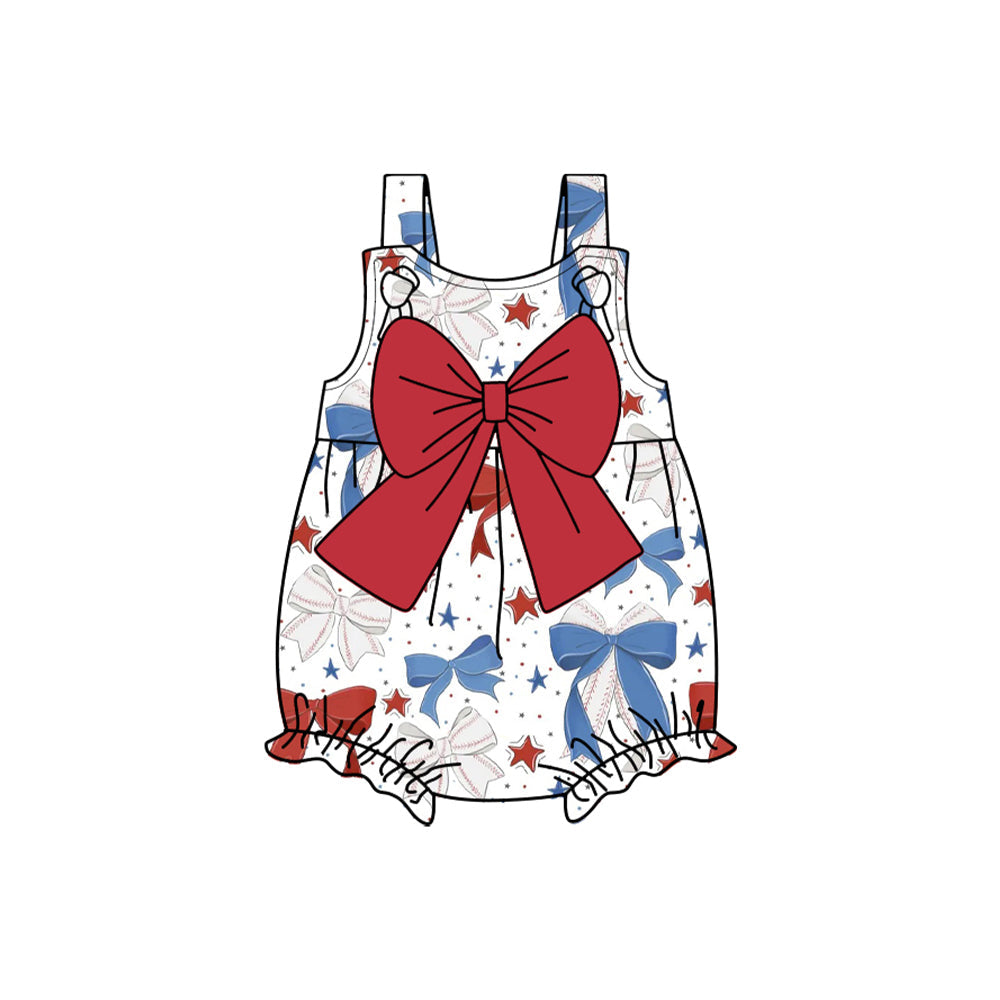 Preorder Baby Girl Infant July 4th Straps Baseball Bows Bubble Romper ( Moq 5 )