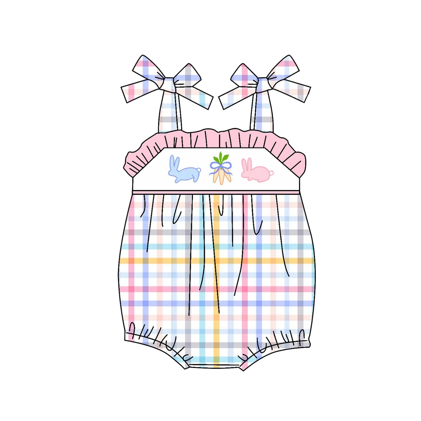 Preorder Baby Girl Infant Straps Easter Rabbits Checkered Bubble Romper ( Moq 5 )