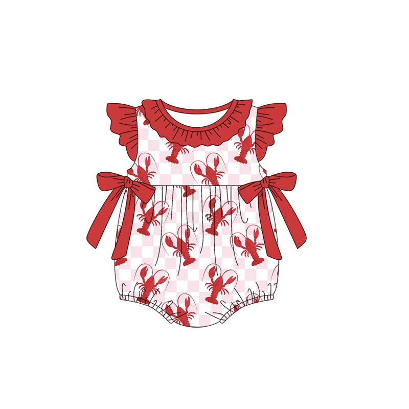 Preorder Girl Baby Infant Short Sleeves Checkered Crawfish Bows Bobble Romper ( Moq 5 )