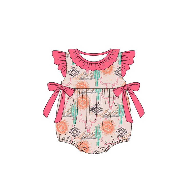 Preorder Baby Girl Infant Short Sleeves Western Aztec Cow Bows Bubble Romper ( Moq 5 )