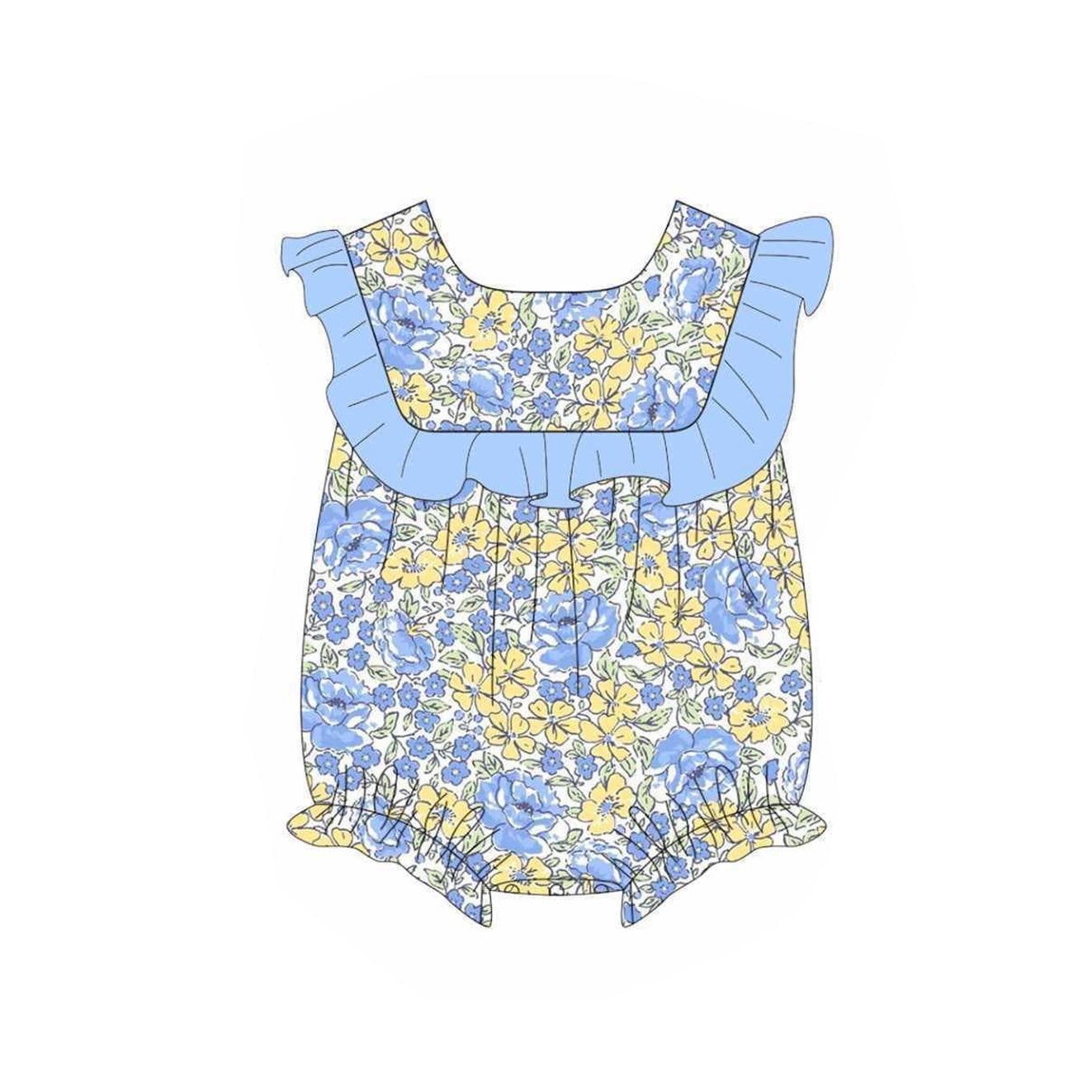 Preorder Baby Girl Infant Short Sleeves Blue Ruffle Flower Bubble Romper ( Moq 5 )