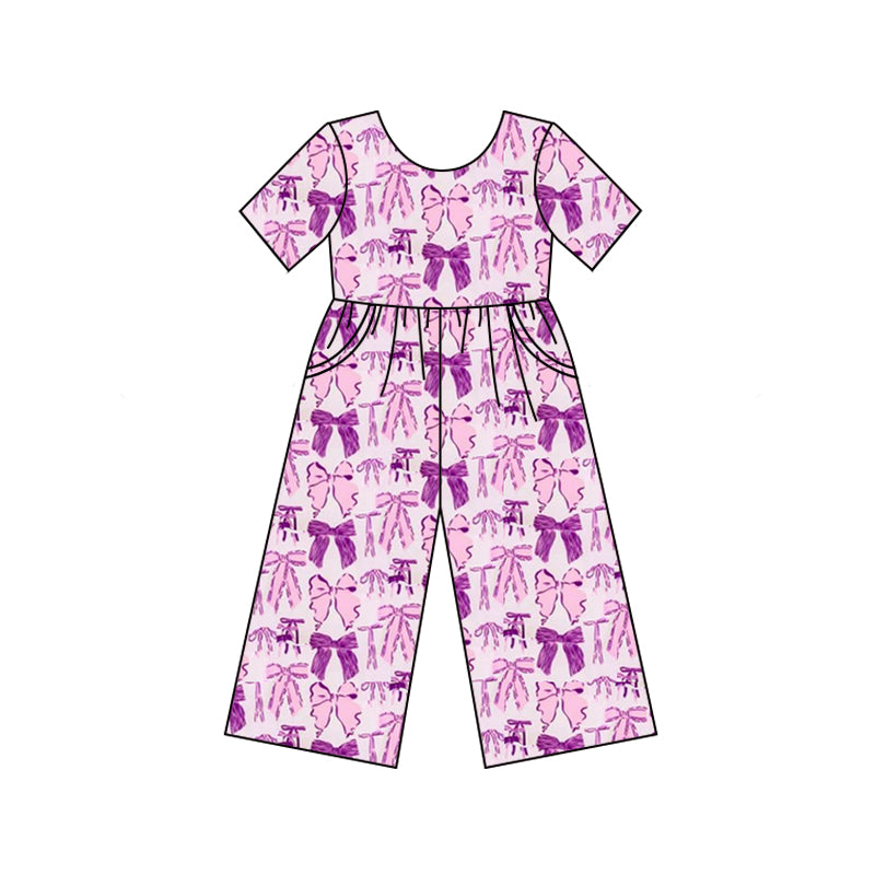 Preorder Baby Girl Short Sleeves Purple Bows Pockets Pants Jumpsuit ( Moq 5 )
