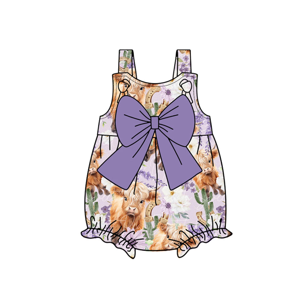 Preorder Baby Girl Infant Straps Western Cow Flower Cactus Purple Bow Bubble Romper ( Moq 5 )