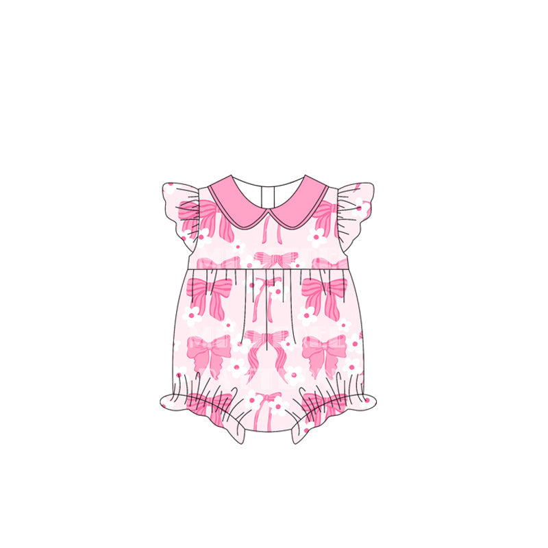 Preorder Baby Girl Infant Short Sleeves Pink Bows Flower Bubble Romper ( Moq 5 )