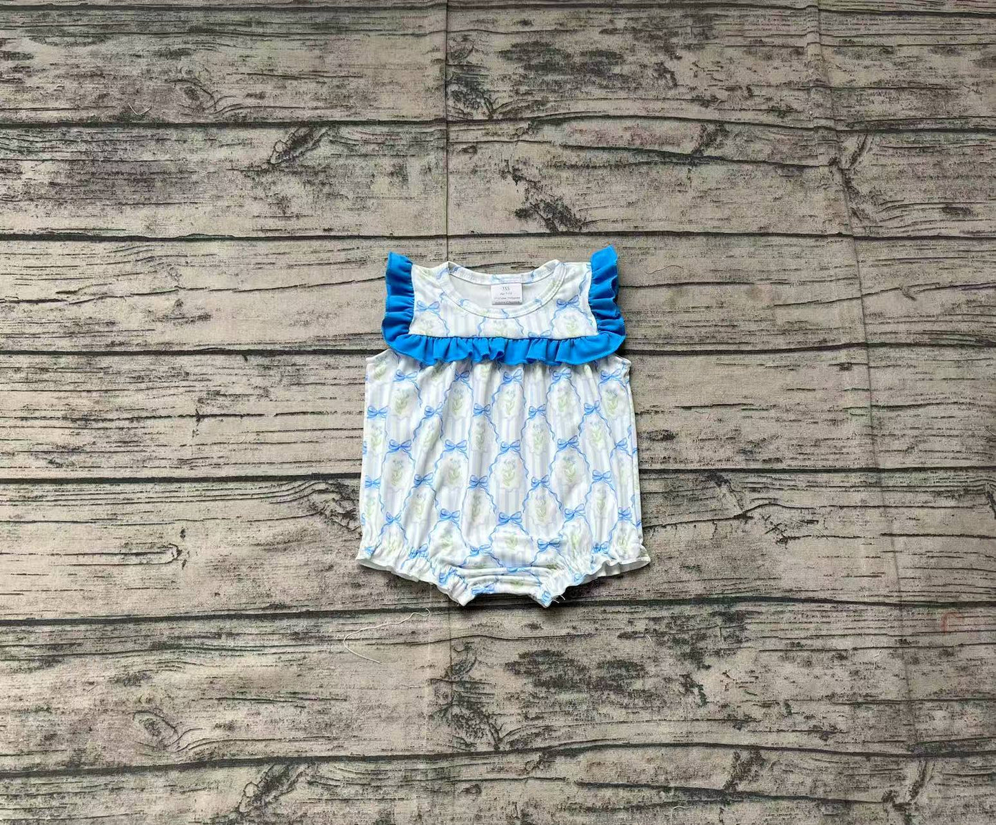 Baby Girl Infant Short Sleeves Blue Bows Flower Bubble Romper RTS