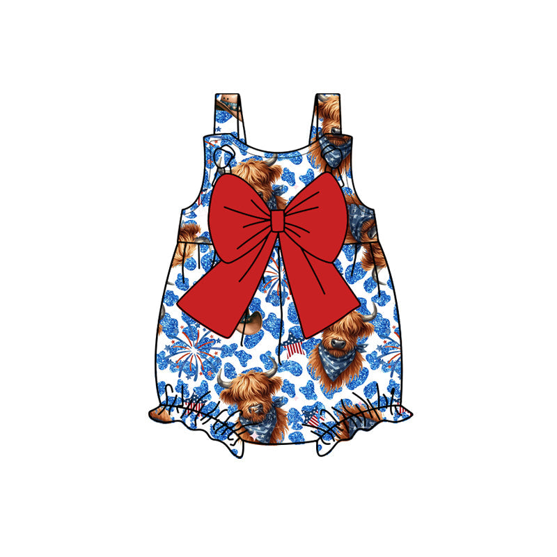 Preorder Baby Girl Infant Straps July 4th Cow Stars Leopard Bow Bubble Romper ( Moq 5 )