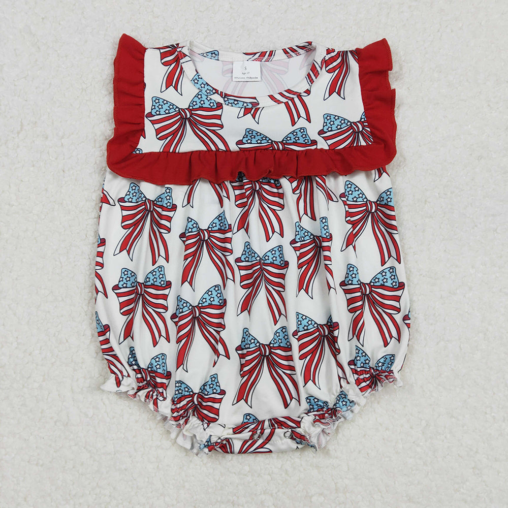 Baby Girl 4th Of July Stars Stripes Bows Sibling Romper Clothing Set RTS