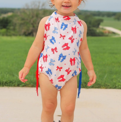 Preorder Baby Girl Bows Stars 4th of July Tassels Romper ( Moq 5 )