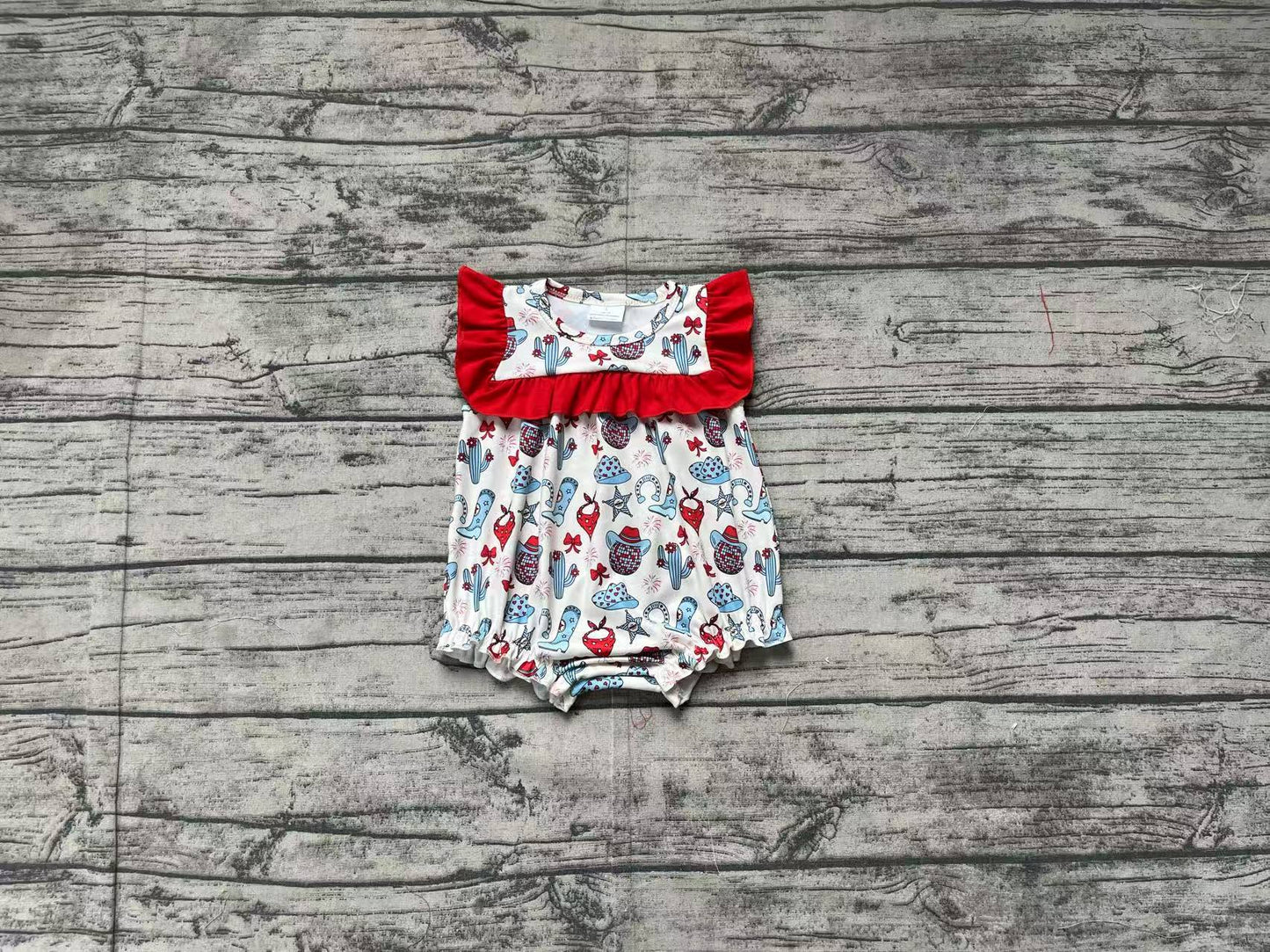 Baby Girl Infant Short Sleeves 4th Of July Boots Hats Cactus Bubble Romper RTS