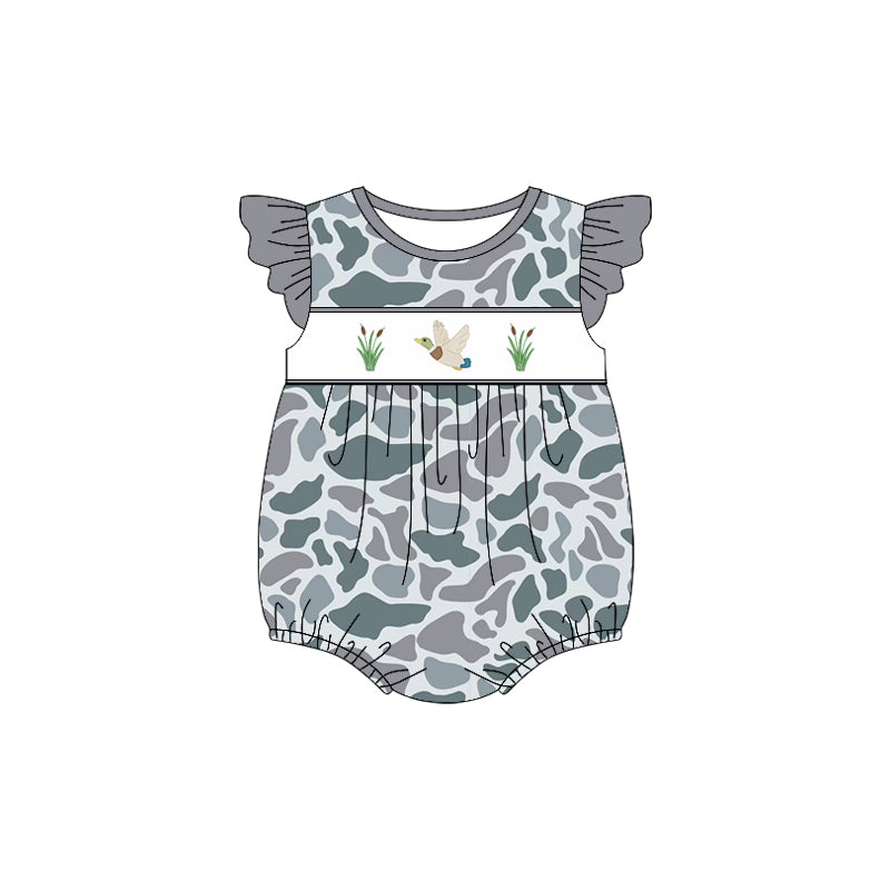 Preorder Baby Girl Infant Short Sleeves Grey Camo Duck Bubble Romper ( Moq 5 )