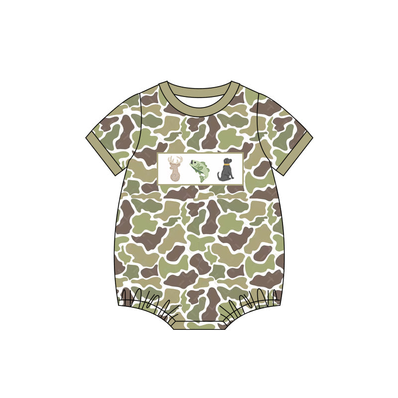 Preorder Baby Boy Infant Short Sleeves Camo Deer Fish Dog Bubble Romper ( Moq 5 )