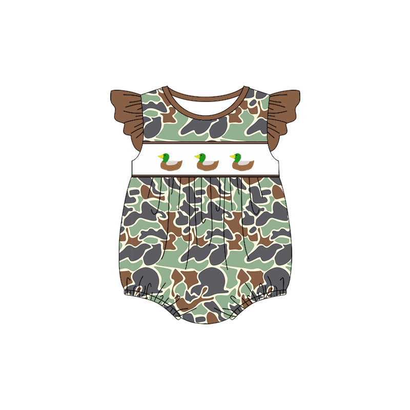 Preorder Baby Girl Infant Short Sleeves Green Camo Ducks Bubble Romper ( Moq 5 )