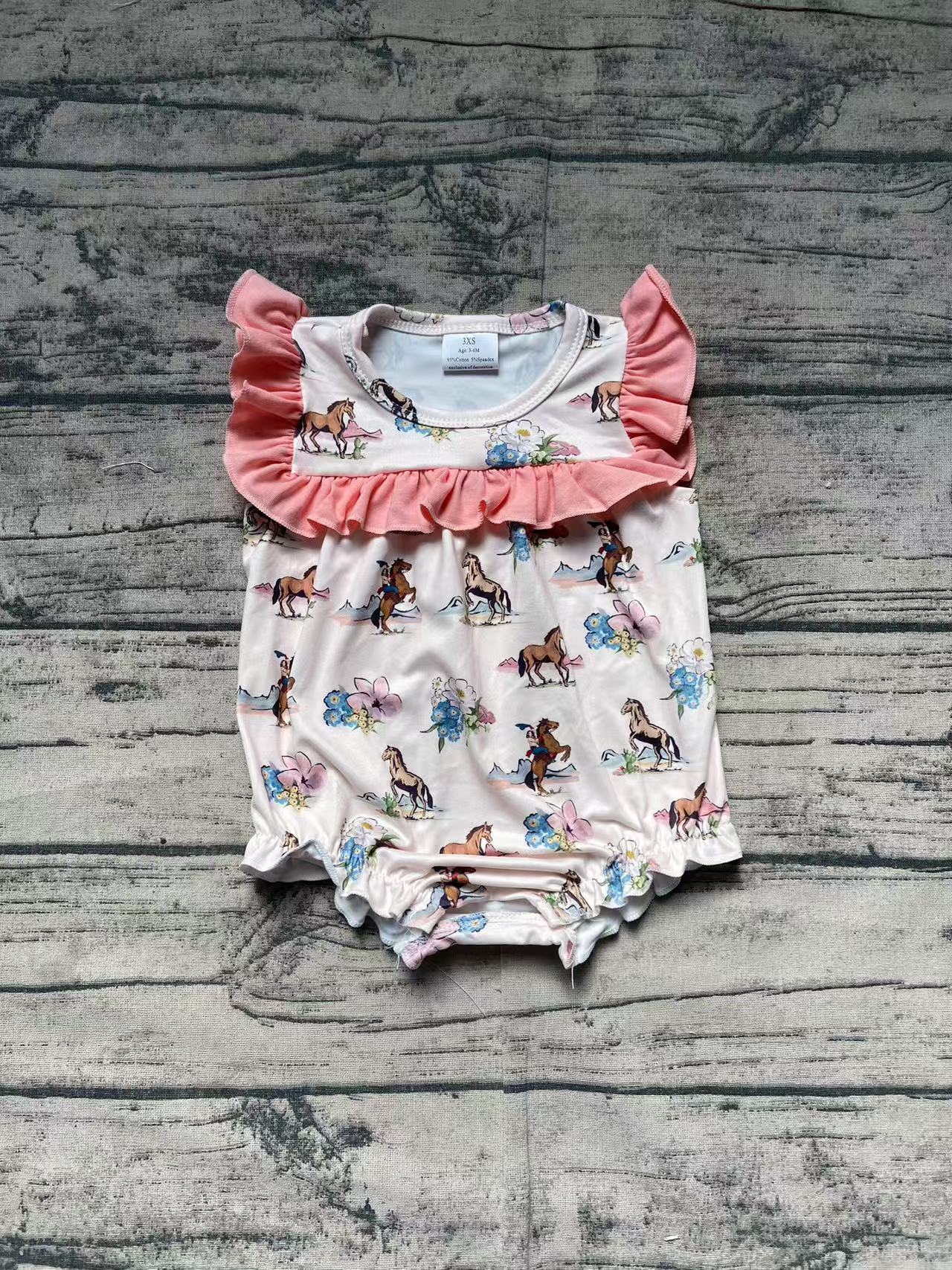 Baby Girl Infant Western Horse Flower Bubble Ruffle Romper RTS