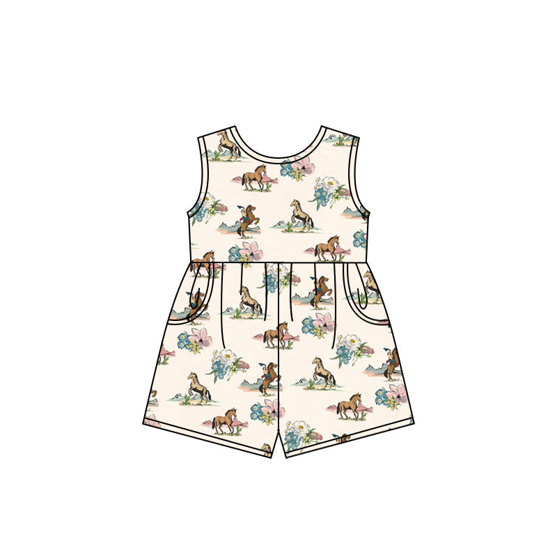 Baby Girl Western Rodeo Horse Flower Pockets Jumpsuit RTS