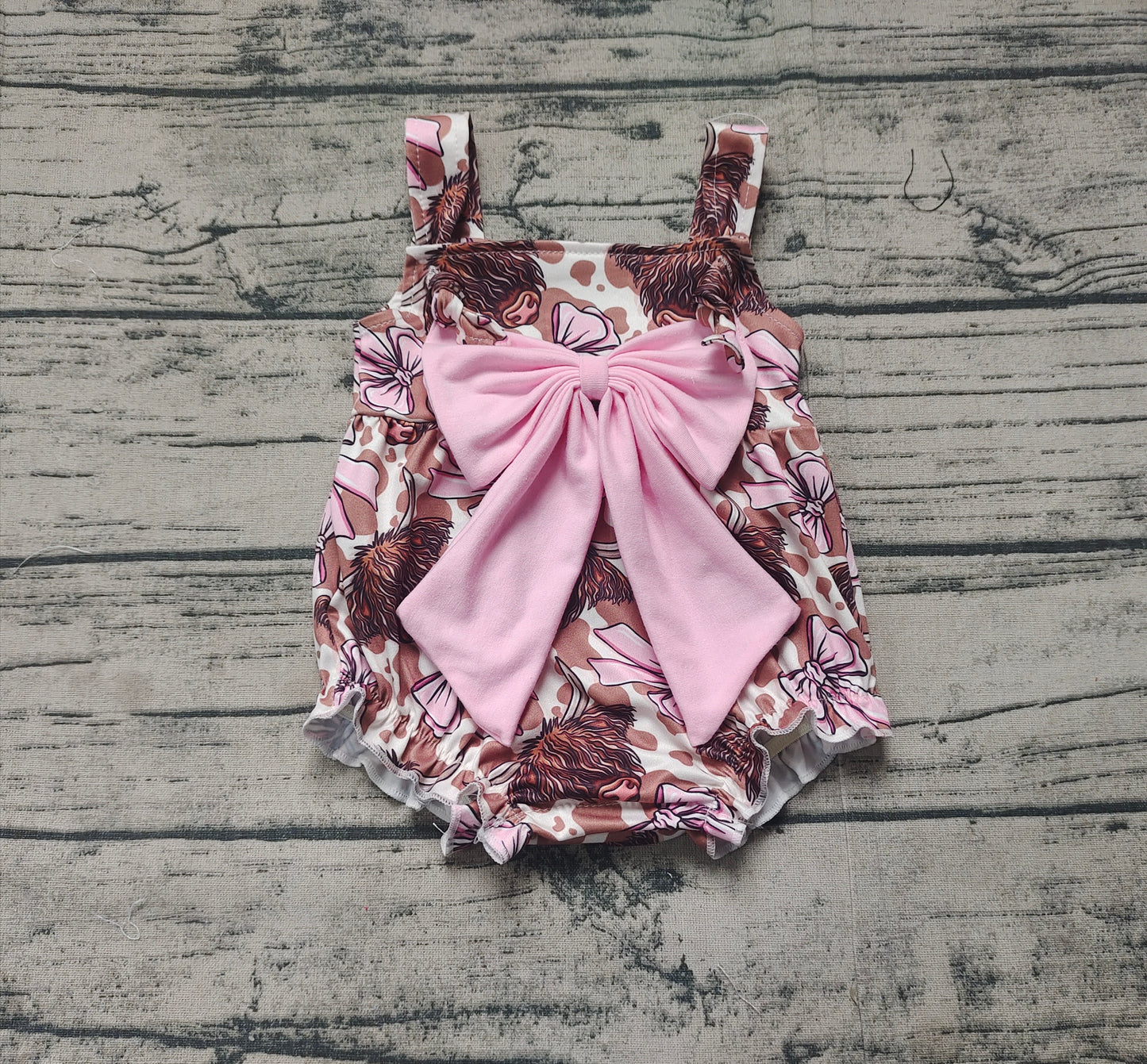Baby Girl Infant Straps Western Pink Bows Cow Bubble Romper RTS