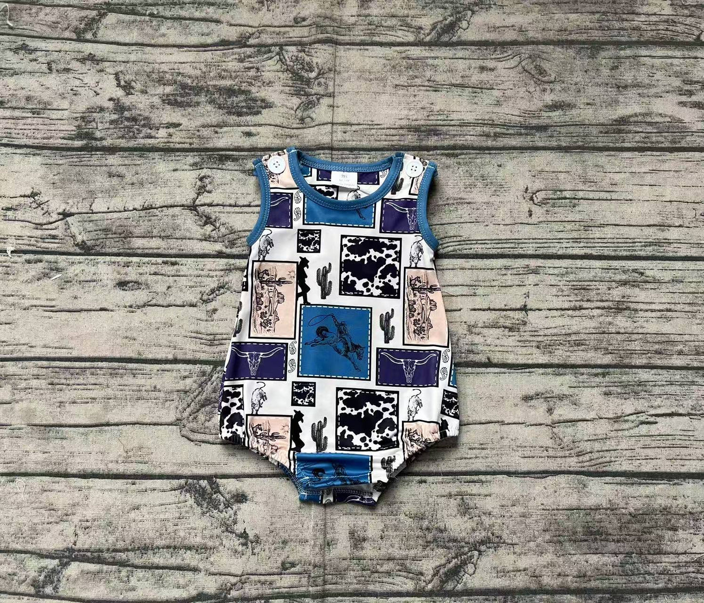 Baby Boy Infant Sleeveless Western Rodeo Cow Cactus Bubble Romper RTS
