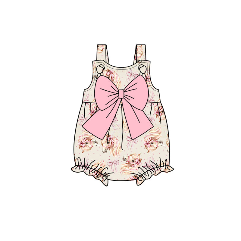 Preorder Baby Girl Infant Straps Western Horse Pink Bows Bubble Romper ( Moq 5 )