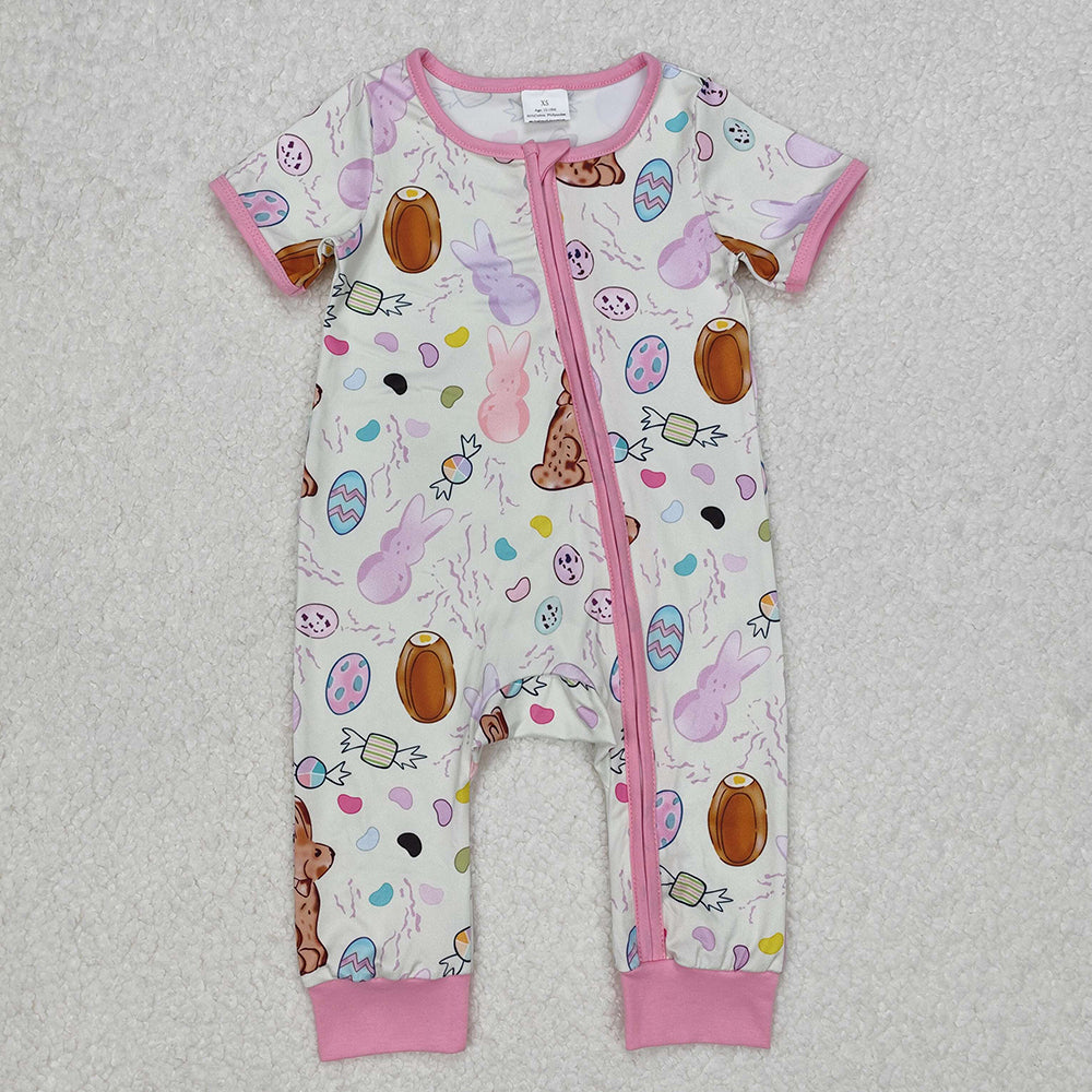 Baby Boy Girl Short Sleeves Easter Rabbits Eggs Sibling Romper Pajamas Set RTS