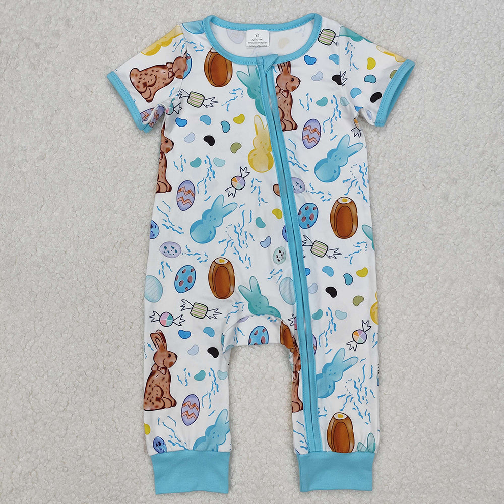 Baby Boy Girl Short Sleeves Easter Rabbits Eggs Sibling Romper Pajamas Set RTS