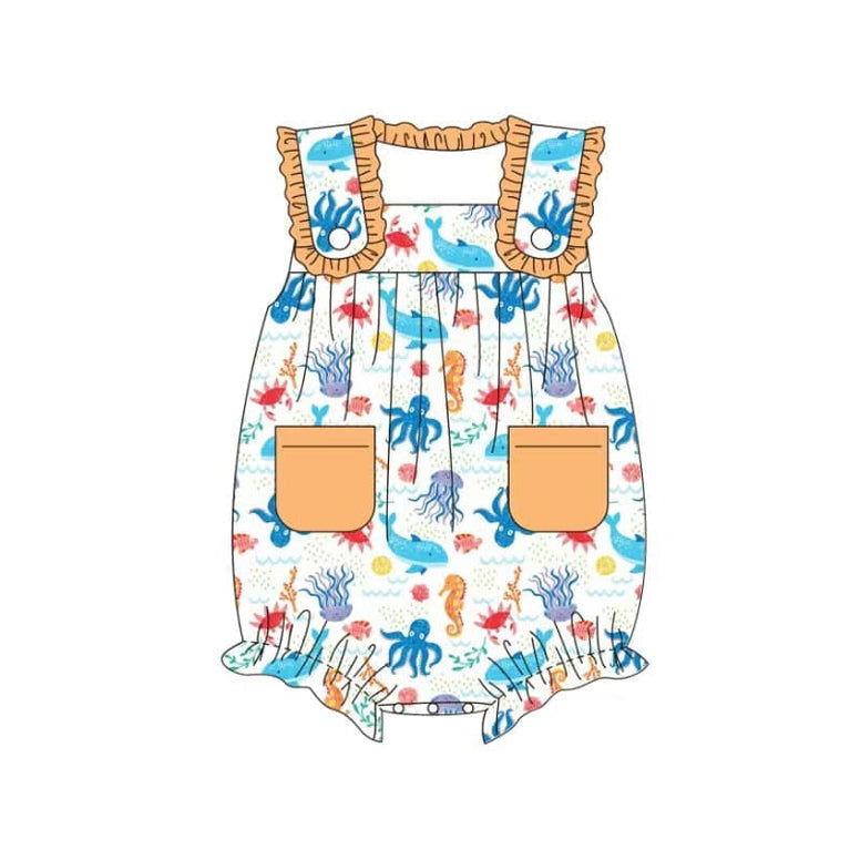 Preorder Baby Girl Sleeveless Ocean Animals Pockets Bubble Romper ( Moq 5 )