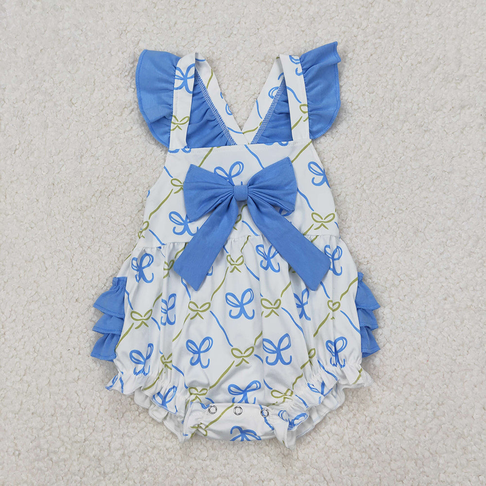 Baby Girl Short Sleeves Blue Bows Sibling Romper Outfit Clothes RTS