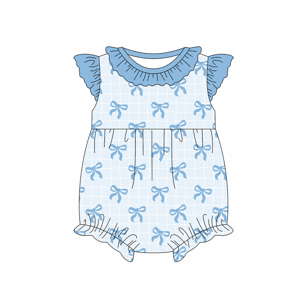 Preorder Baby Girl Short Sleeves Infant Blue Bows Bubble Romper ( Moq 5 )