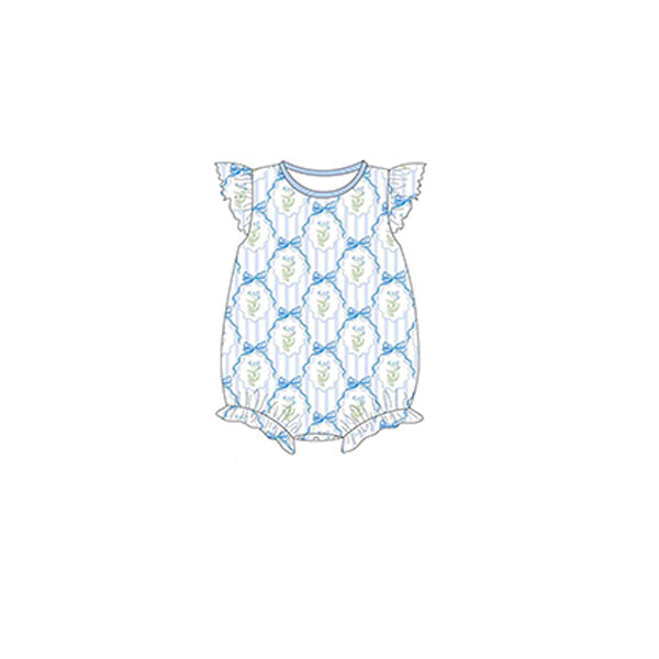 Preorder Baby Girl Infant Short Sleeves Blue Bows Flower Bubble Romper ( Moq 5 )
