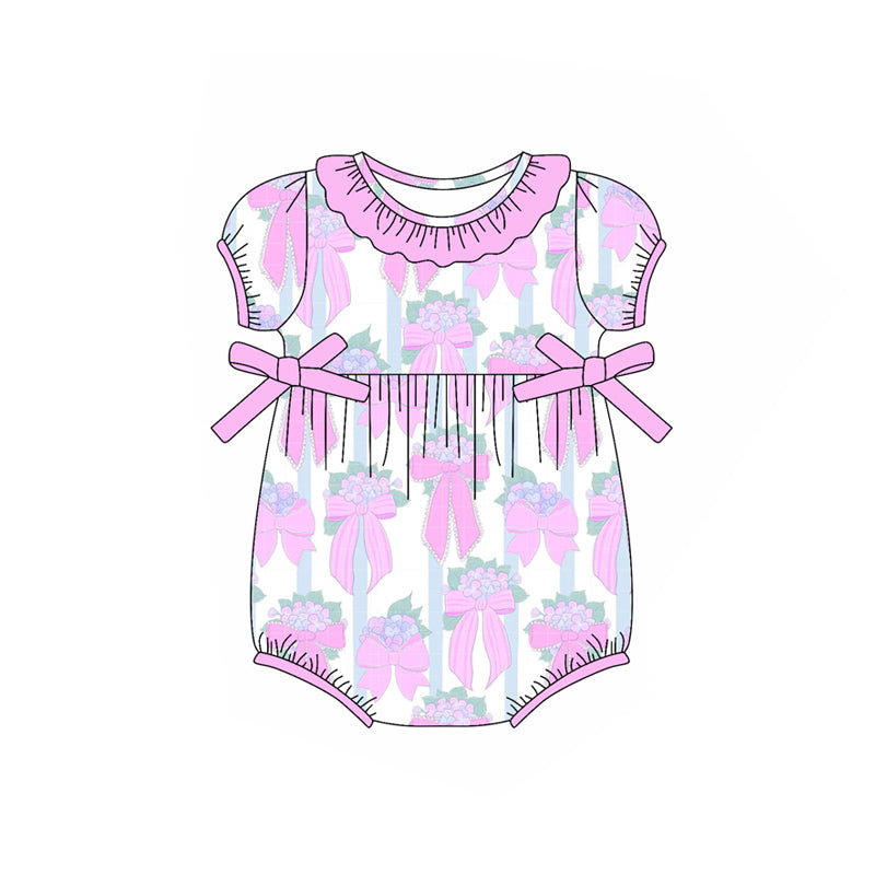 Preorder Baby Girl Infant Short Sleeves Flower Pink Bow Ruffle Bubble Romper ( Moq 5 )