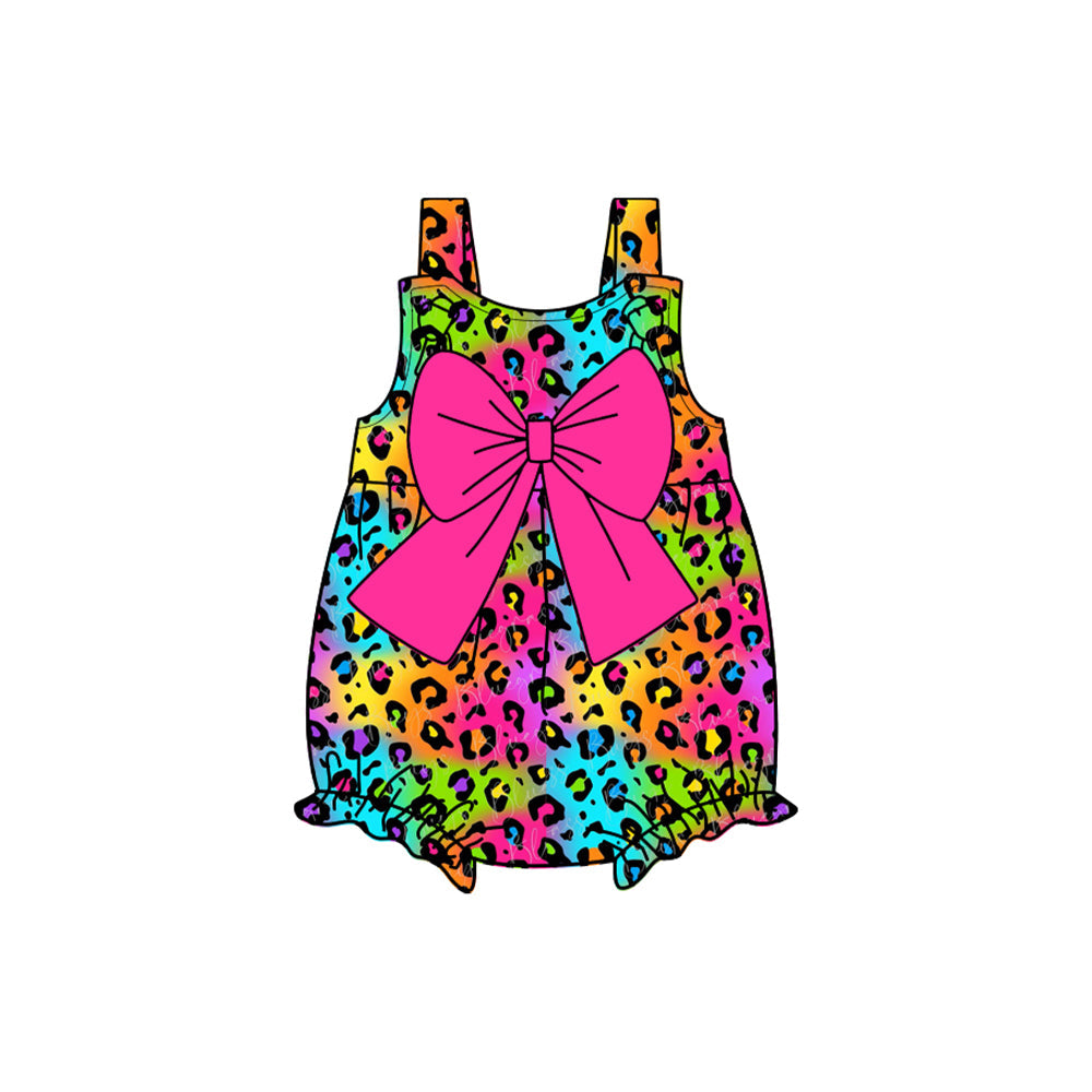 Preorder Baby Girl Infant Straps Colorful Leopard Bow Bubble Romper( Moq 5 )
