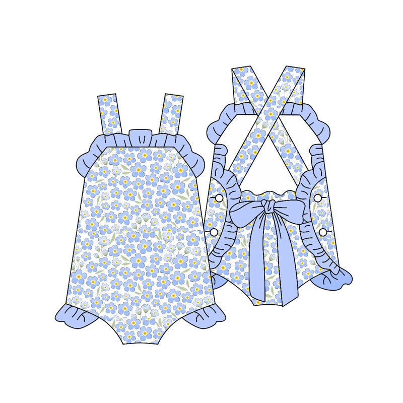 Baby Girl Infant Straps Blue Bow Flower Ruffle Bubble Romper RTS