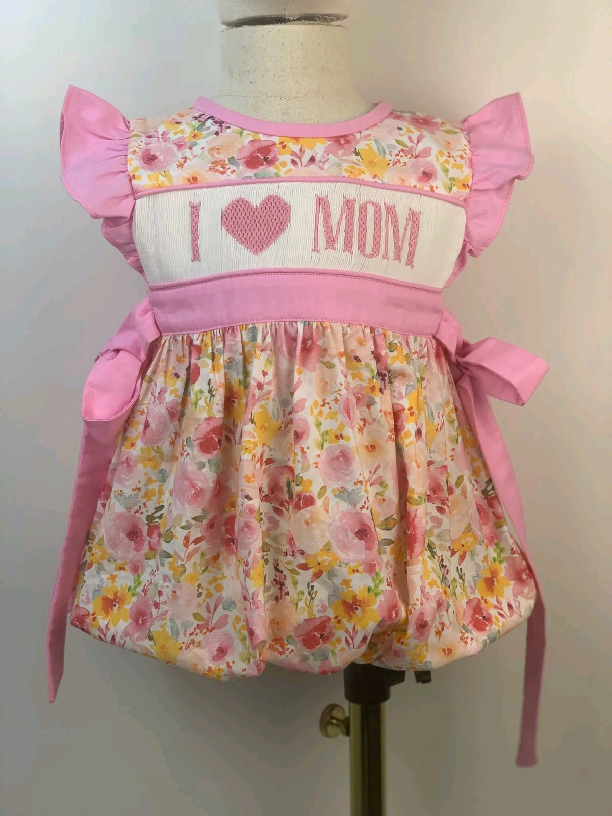 Preorder Baby Girl Infant I Love Mom Flower Pink Bows Bubble Romper ( Moq 5 )