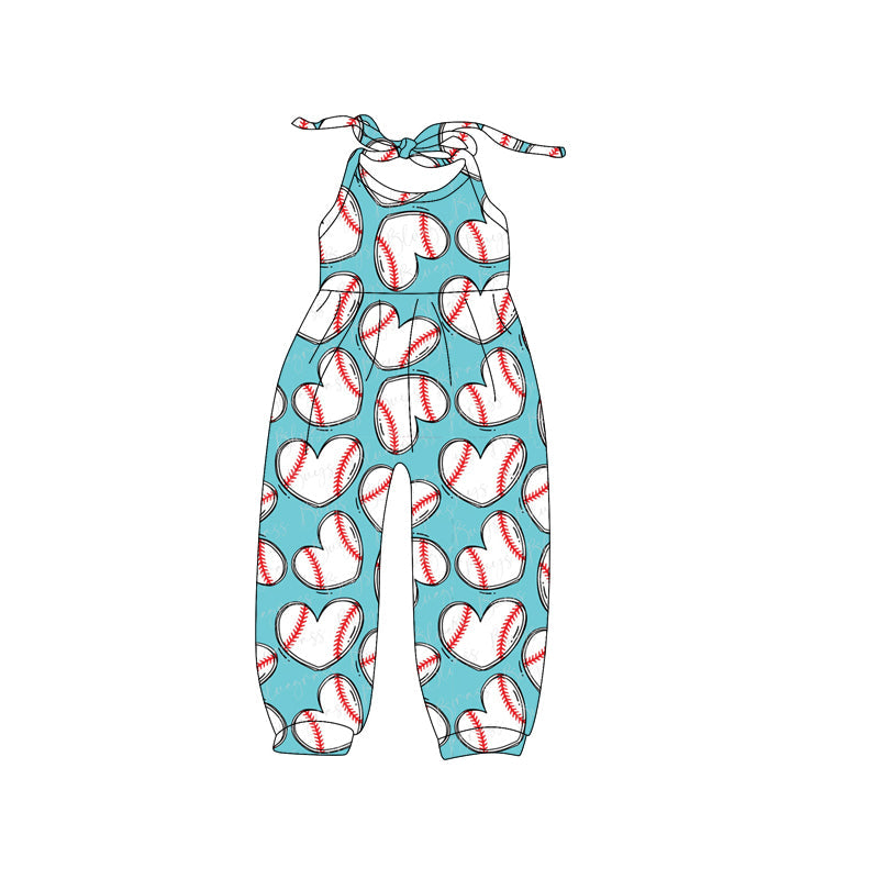 Preorder Baby Girl Halter Baseball Hearts Pants Jumpsuit ( Moq 5 )