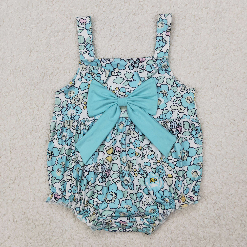 Baby Girl Straps Flower Bow Sibling Blue Romper Dress RTS